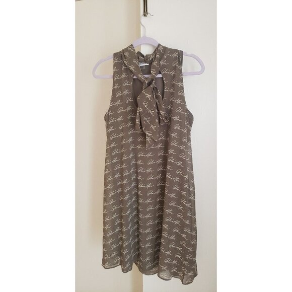 NEW CALVIN KLEIN MONOGRAM LOGO PRINT OLIVE  TAN FRONT BOW MINI DRESS SZ 14 - Picture 1 of 5